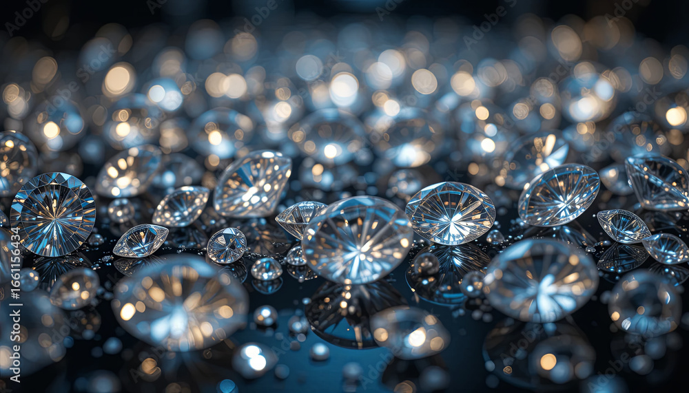Poster dazzling gems of various sizes and shapes are spread across a glossy black surface. brilliant light 