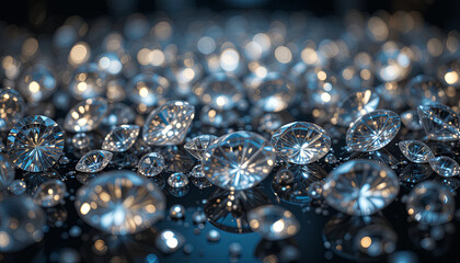 Dazzling gems of various sizes and shapes are spread across a glossy black surface. Brilliant light reflects off the facets, creating an enchanting visual display