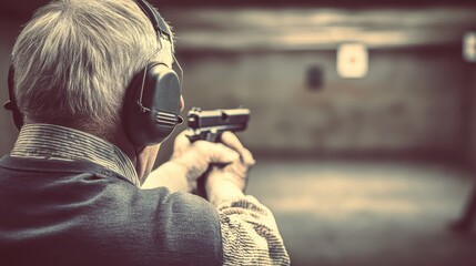 An elderly person wearing earmuffs aims a handgun at a target in an indoor shooting range