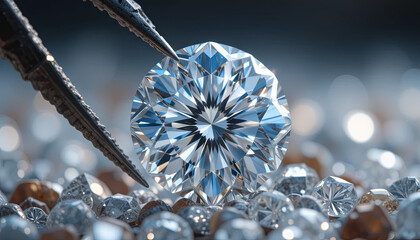Fototapeta premium A master jeweler uses precise tools to examine a large, sparkling diamond surrounded by various smaller gemstones in a well-lit studio, showcasing craftsmanship and beauty