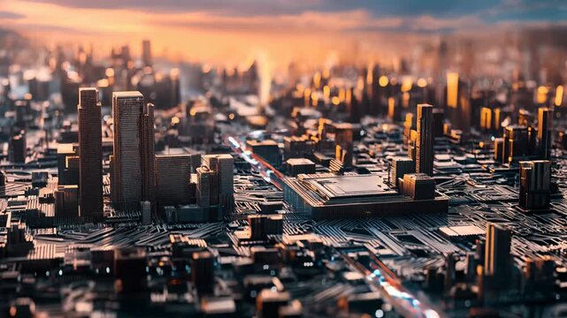 Timelapse of a digital city where microchips resemble buildings, with tiny lights blinking and running across the streets, creating a futuristic, electronic metropolis.