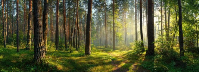 Obraz premium Sunlit forest path through tall pine trees