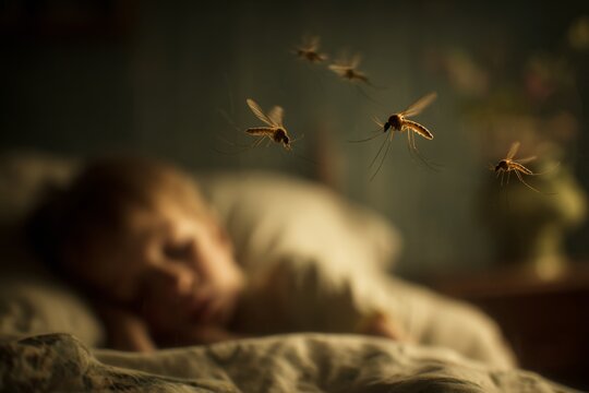 The mosquitoes are buzzing around, with a baby sleeping on his bed in the background , Generative AI