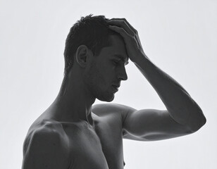 Thinking person silhouette with hand on head, isolated on white background with copy space
