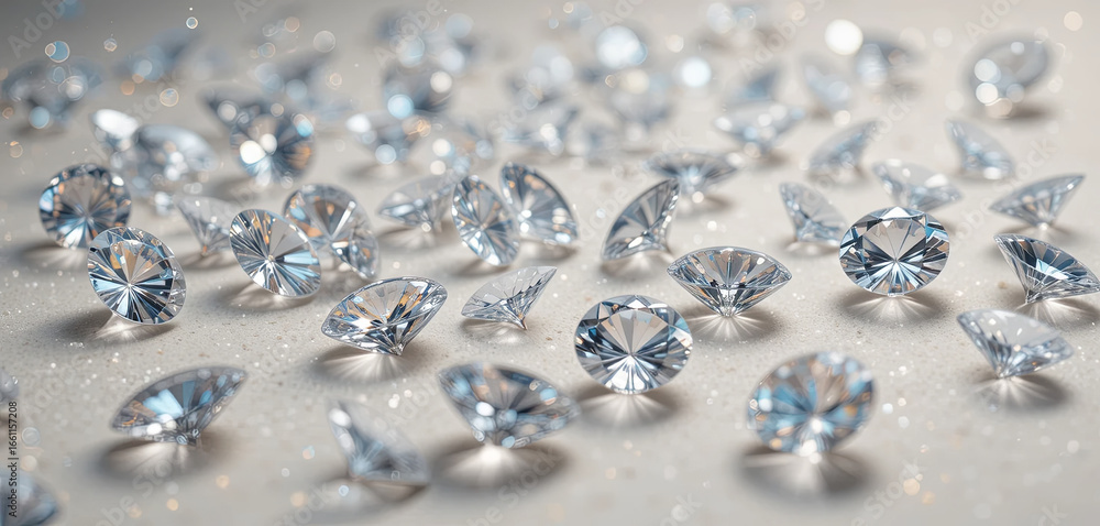 Poster numerous clear diamonds are scattered on a light, textured surface, reflecting light and creating a 