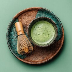 Overhead view of a matcha tea set on a green background. A small bowl of vibrant green matcha sits beside a bamboo whisk on a rustic, two toned ceramic tray.