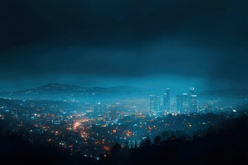 Obraz premium A misty cityscape at night with glowing skyscrapers and scattered lights, surrounded by hills under a dramatic, cloudy sky