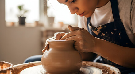 Young woman crafting clay pot on pottery wheel (AI Generated)