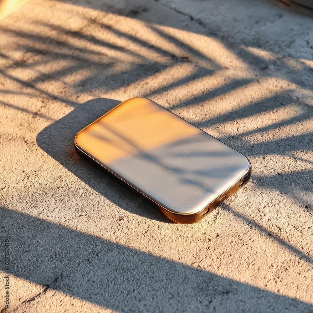 Poster metallic rectangular object on textured surface with palm shadows.