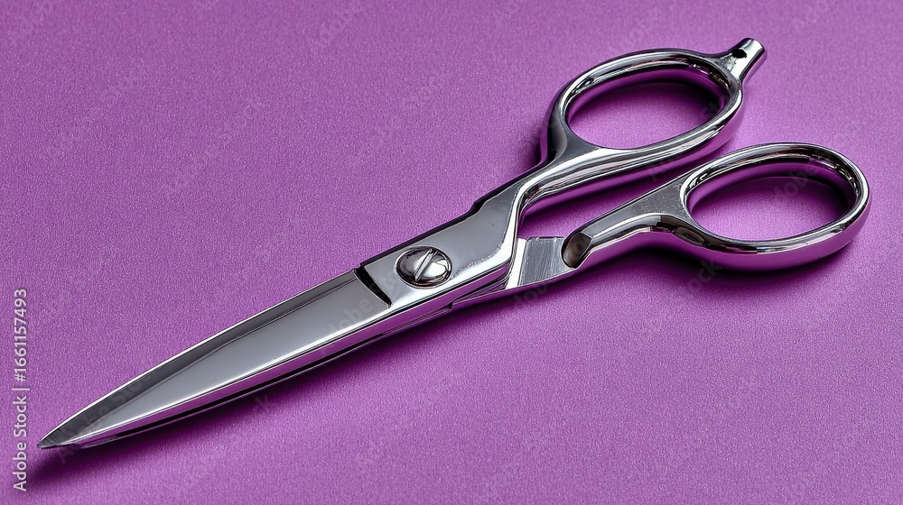 Poster close up view of metallic scissors on a purple textured background.