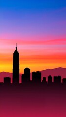 夕焼けに染まる都市のシルエット　グラデーション空と高層ビル群の調和　オレンジ、ピンク、紫、青へと移り変わるグラデーション