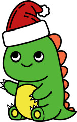isolated illustration of a cute dinosaur character wearing a santa hat