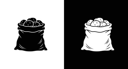 Outline vector icon of a burlap sack filled with potatoes, a simple design for agriculture and food market branding.