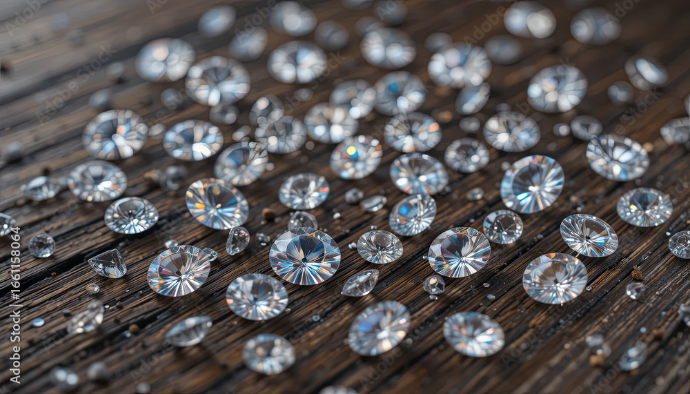 Poster a variety of sparkling gemstones with different cuts and sizes are scattered across a textured woode