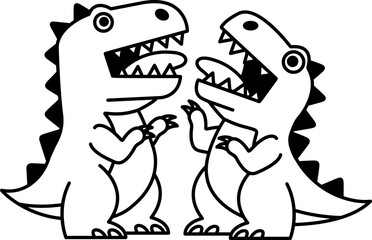 black and white isolated illustration of Two dinosaurs are fighting