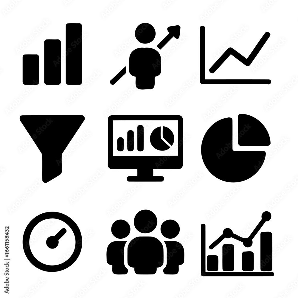 Poster data visualization icons: a collection of sleek, black and white icons representing various aspects 