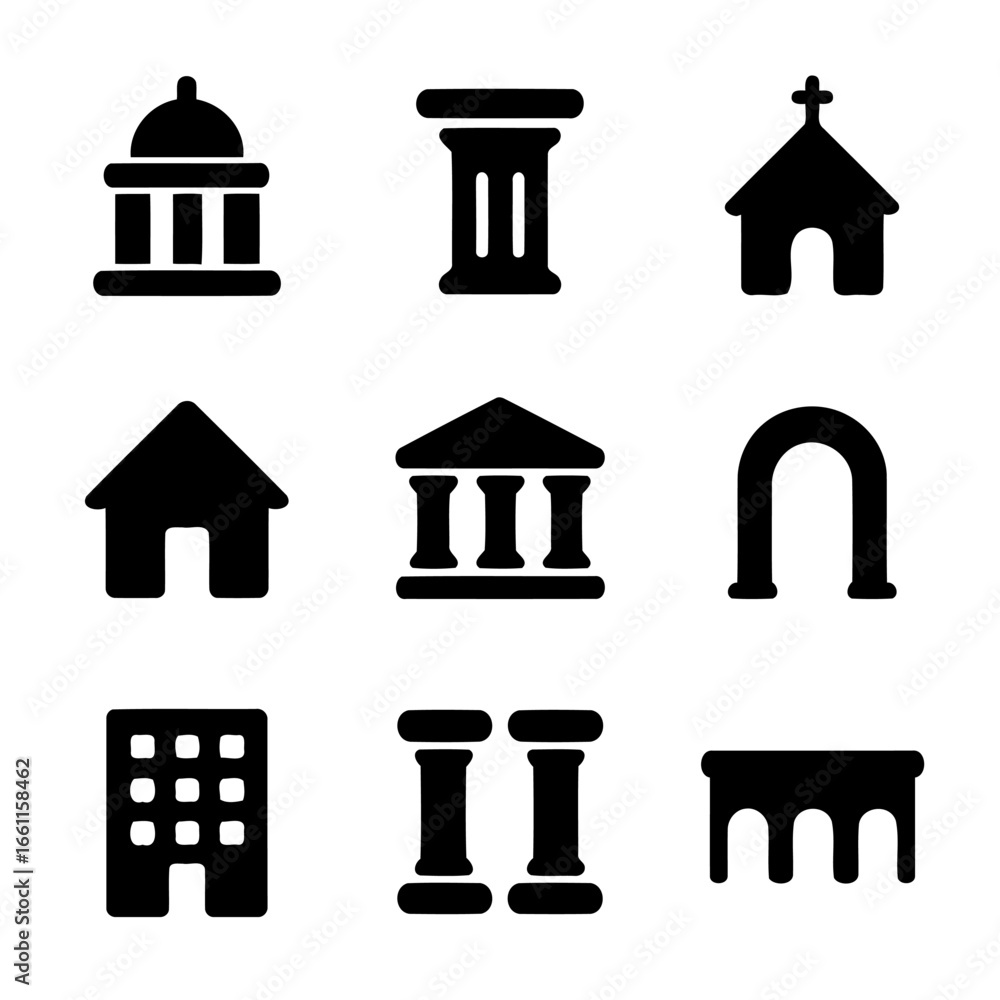 Poster architectural silhouette icons: a diverse set of minimalist icons representing various architectural