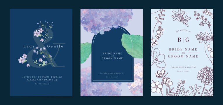 sweet elegant Blue botanical Wedding Invitation, floral invite thank you, rsvp modern card Design in leaf and flower water color texture decorative Vector elegant rustic template