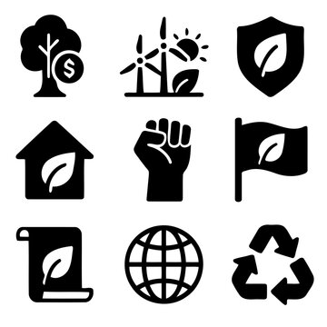 Eco-Friendly Icon Set: A set of sleek, modern icons embodies the ethos of ecological responsibility and environmental sustainability.