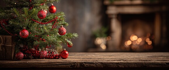 Small Christmas tree with red ornaments on a rustic wooden table, blurred background of a fireplace