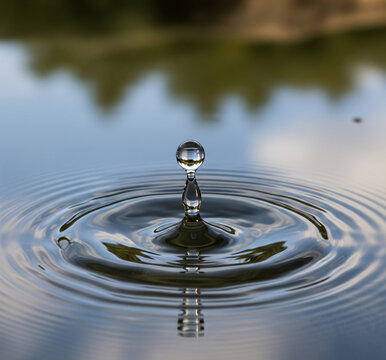 Perfect water drop splash with circular ripples on calm surface