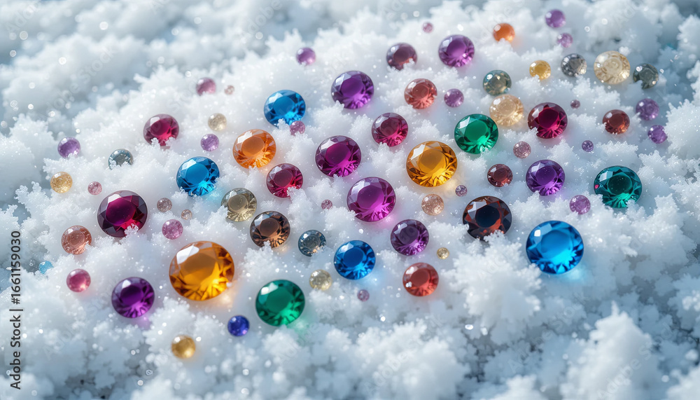 Poster a collection of vibrant gems in various colors is artistically arranged on the soft, white snow, cre