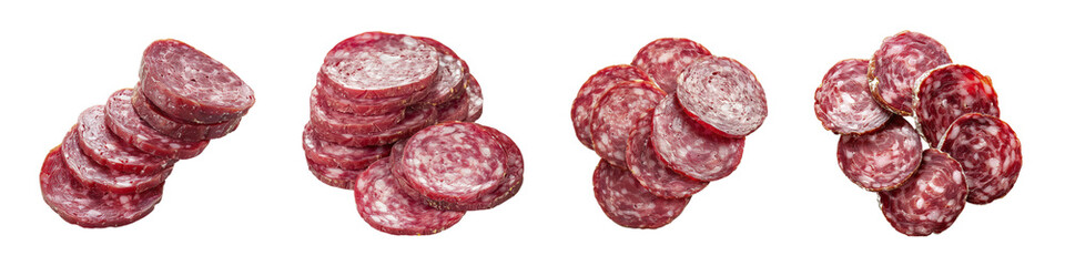 Stacks of sliced salami on a , ready to eat transparent background Generative AI