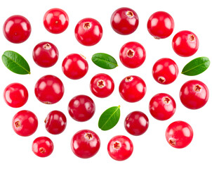 Cranberries with Green Leaves, scattered composition, isolated on transparent background PNG