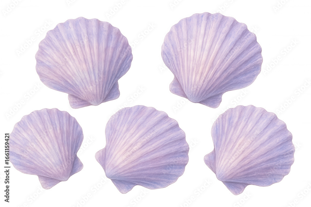 Poster five purple scallops are floating on a transparent background, creating a delicate and elegant compo