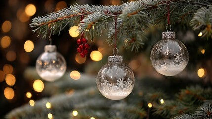 Christmas tree branch with hanging glass baubles and ornaments, elegant interior holiday decor background with pine needles, warm string lights, soft bokeh, and copy space for winter celebration