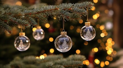 Christmas tree branch with hanging glass baubles and ornaments, elegant interior holiday decor background with pine needles, warm string lights, soft bokeh, and copy space for winter celebration