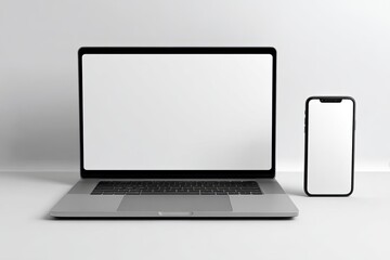 Gray laptop and smartphone on a white surface