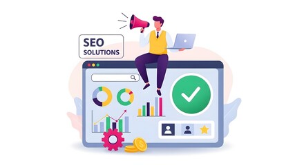 Fototapeta premium Man with megaphone on computer screen with seo analytics and growth charts