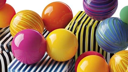 Colorful glossy spheres and striped boxes in a vibrant 3D composition