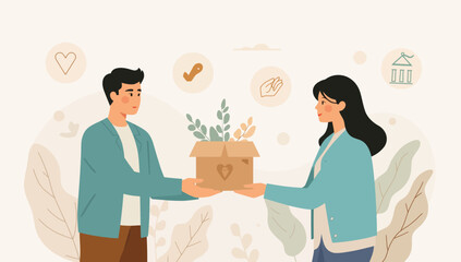Two People Exchanging a Gift Box with Plants and a Heart Symbol.