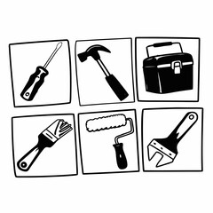 Obraz premium Illustration of a screwdriver, hammer, toolbox, paintbrush, roller, and wrench isolated on white background