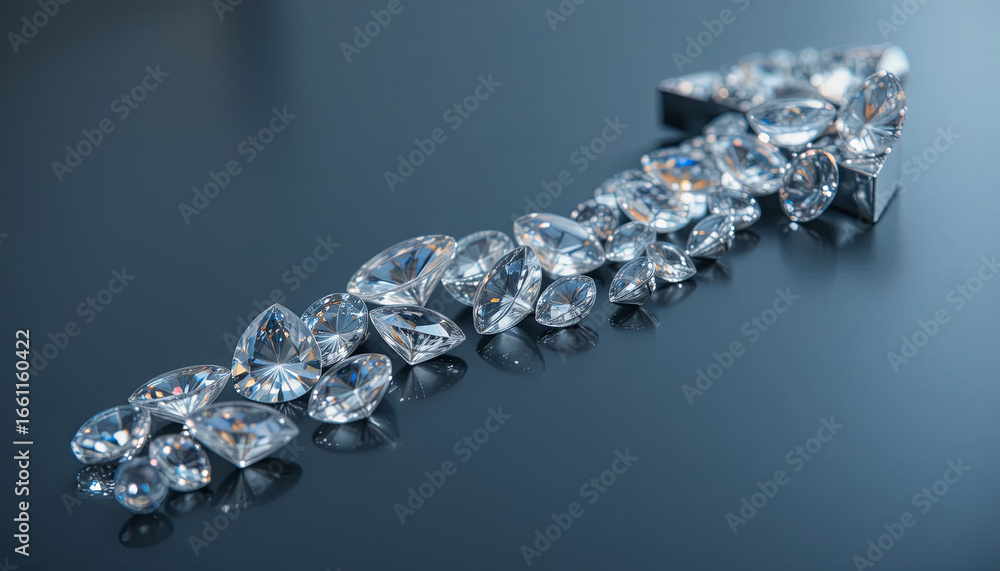 Aufkleber an arrangement of various cut diamonds forms an arrow pointing upward on a dark background. the gems