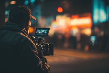 A filmmaker captures night city scenes with a professional camera, focusing on vibrant lights and urban life