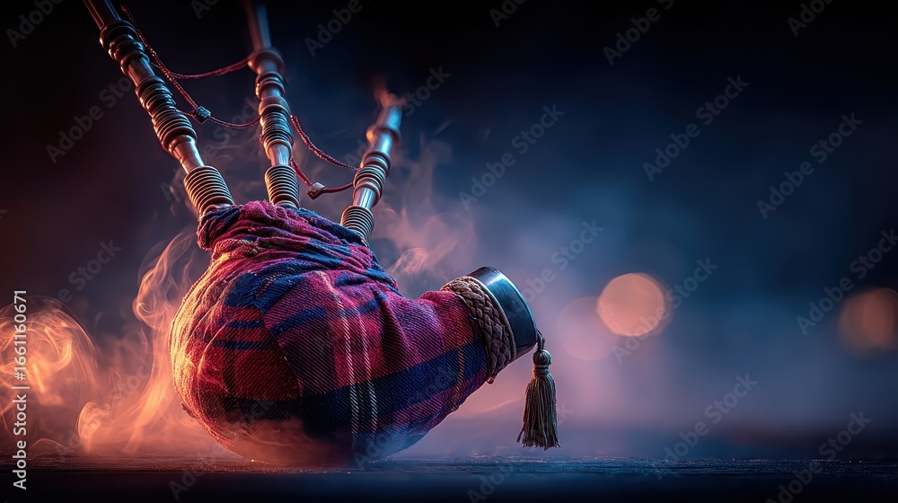 Poster close up view of a bagpipe resting on a dark surface, surrounded by smoke and bokeh lights. the bagp