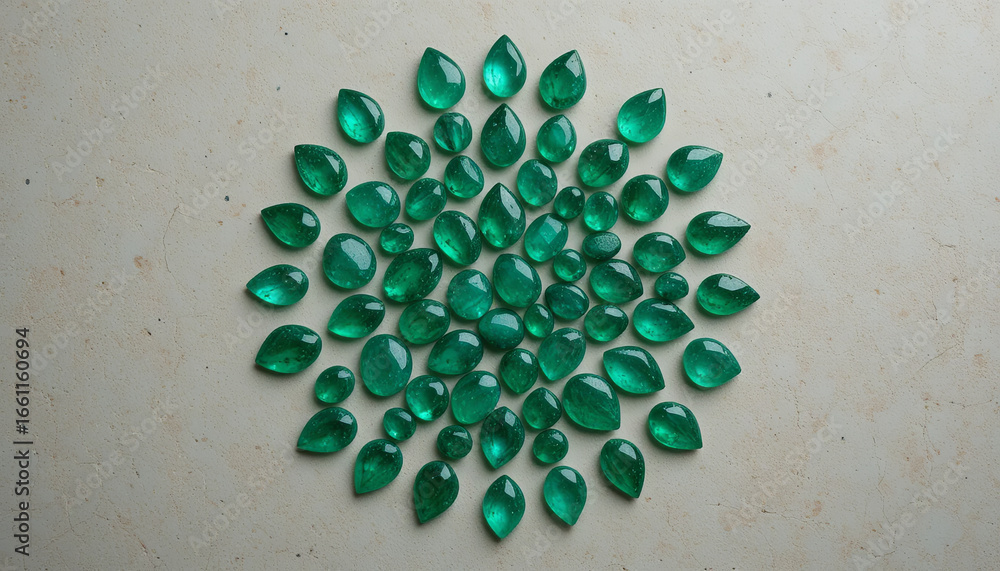 Poster a captivating display features numerous green gemstones carefully arranged in a circular pattern. ea