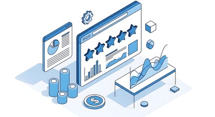 Isometric illustration of digital marketing analytics and data visualization on screens