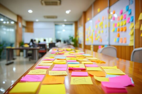 Colorful sticky notes cover a table and whiteboards in a modern office, suggesting brainstorming or creative teamwork in progress