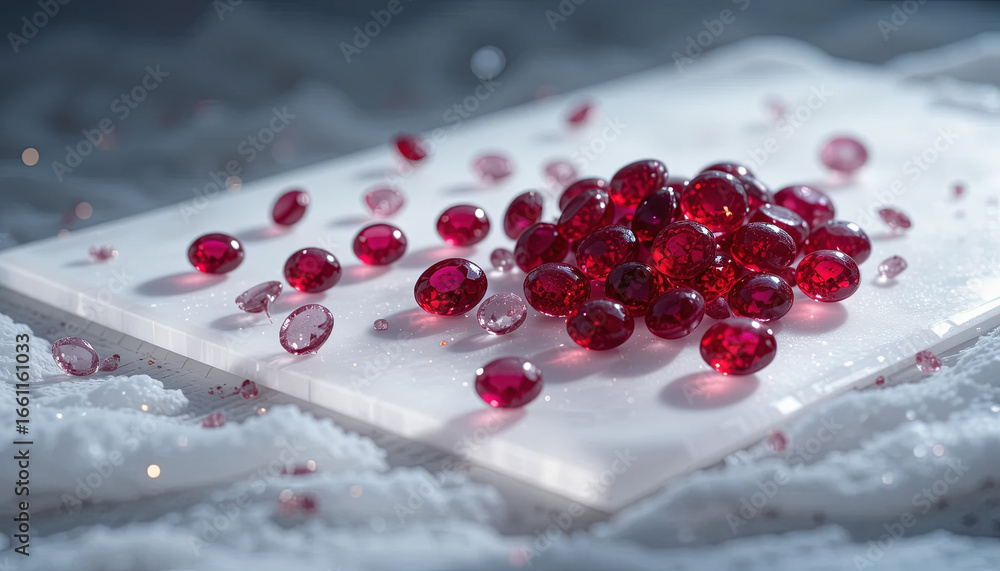 Poster a collection of red gemstones rests elegantly on a smooth surface, sparkling under soft lighting. th
