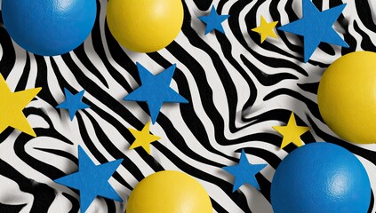Colorful spheres and stars on a zebra print background