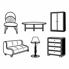Illustration of chair, table, wardrobe, sofa and lamp isolated on white background