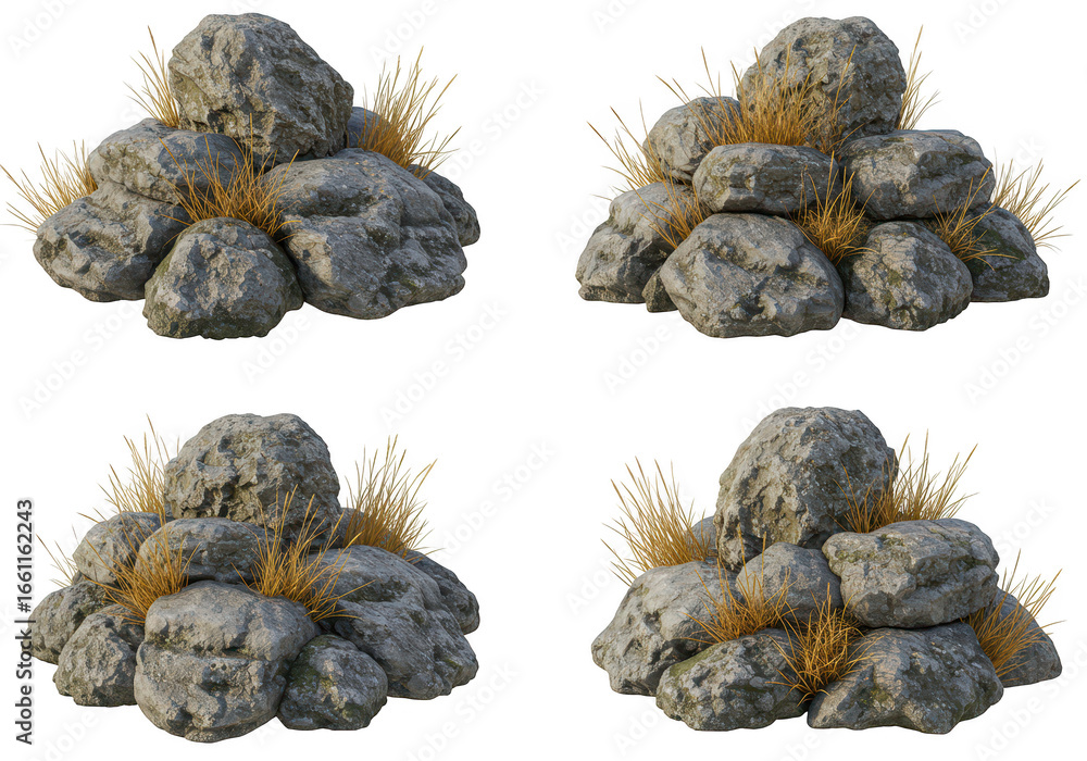 Poster a cluster of rough grey rocks with dry grass growing between them, isolated on transparent backgroun