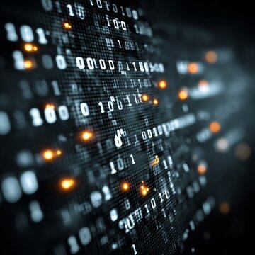 Digital blue background with glowing binary code and tech icons, abstract data technology concept, pixel texture, futuristic banner, professional design.