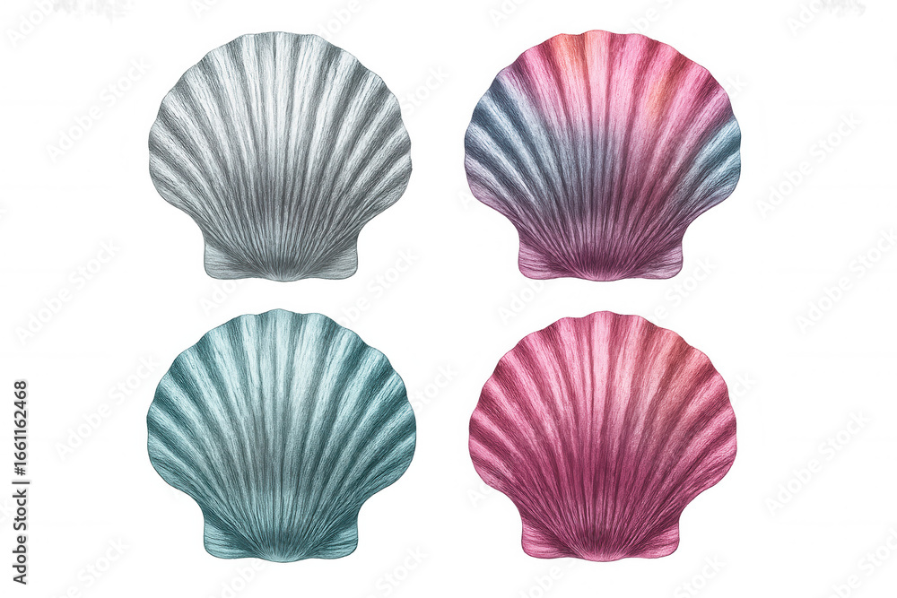 Poster four colorful scallop seashells, creating a harmonious and elegant composition, isolated on transpar