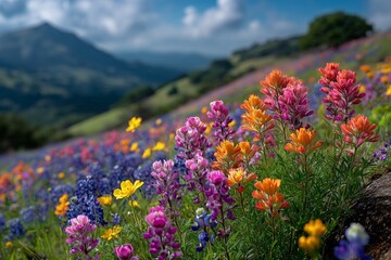 Vibrant wildflowers blooming on hillside