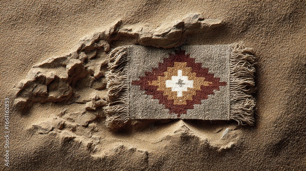 Poster close up view of a patterned textile fragment partially buried in sand, showcasing earthy tones and 